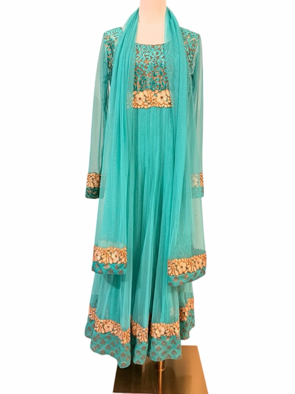 Turquoise Gold Anarkali Maxi Dress Indian Wedding Guest Bollywood Gown Medium - Picture 2 of 16